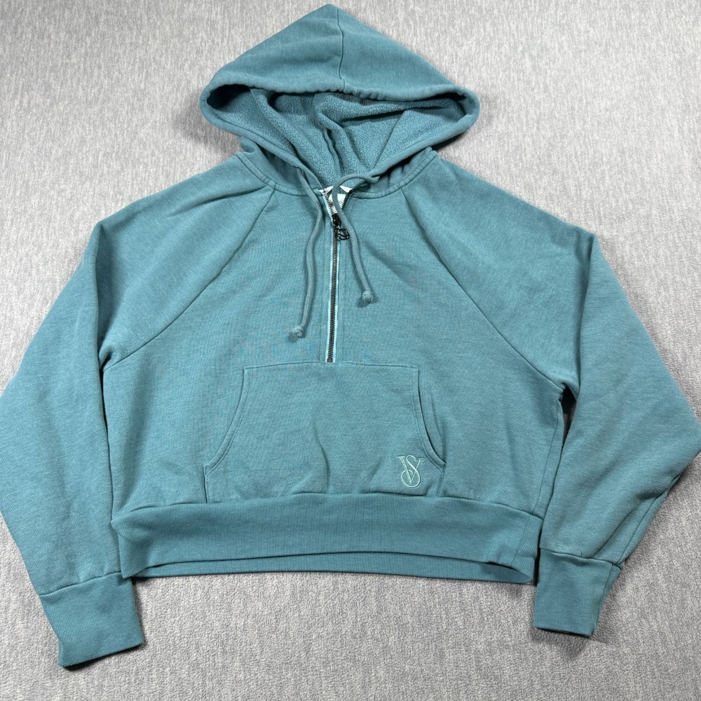 Victoria's Secret Sweatshirt Womens M Teal On Point Half Zip Cropped Hoodie